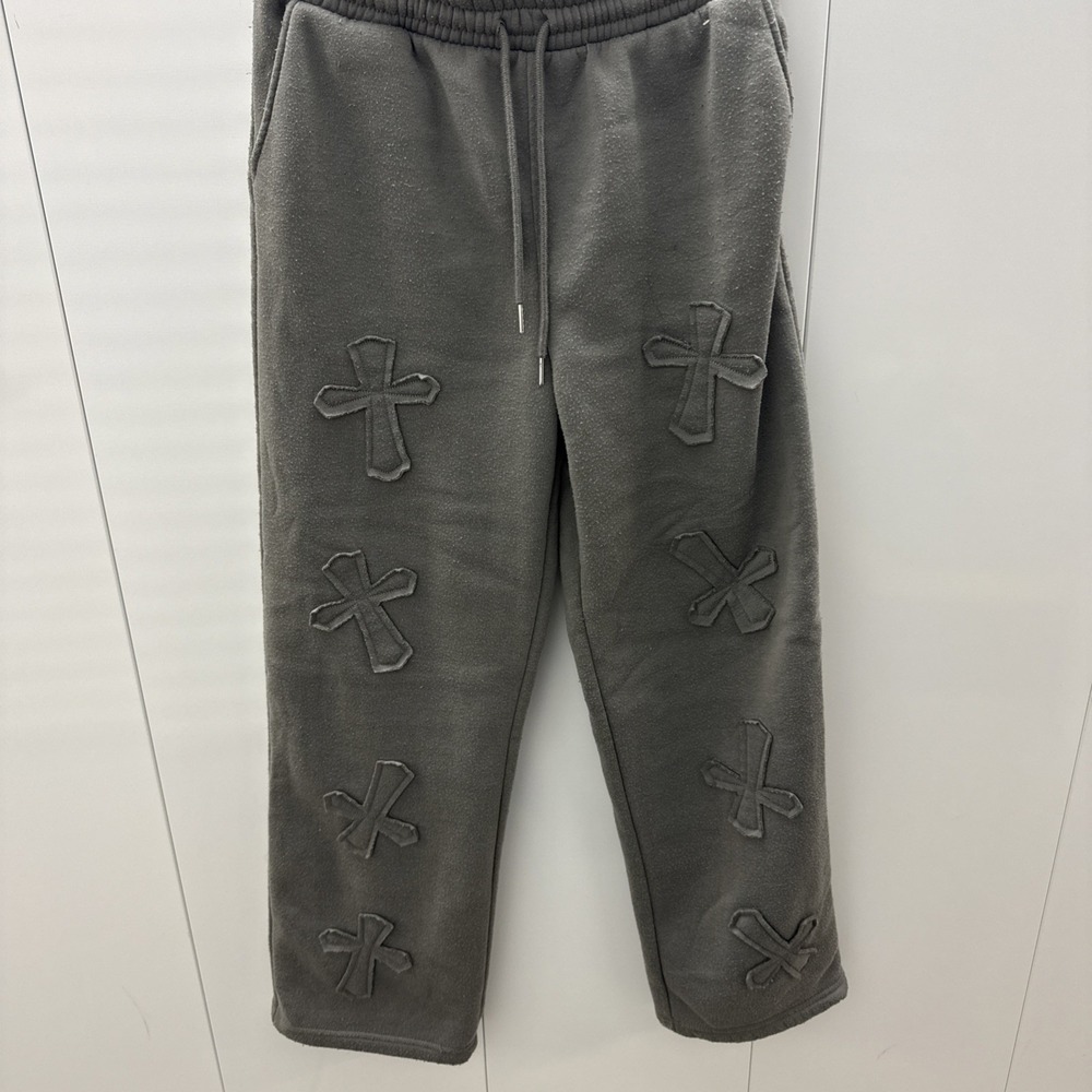 Sunday Retreat Cross Patch Fleece Sweatpants Gray‎ Gothic Punk Mens L